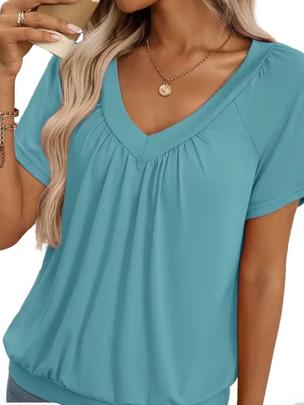 V-Neck Short Sleeve Blouse in Teal